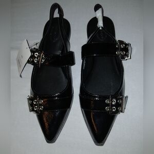 Scoop Slingback Buckle Pointed Toe Flats - Black - Size 11